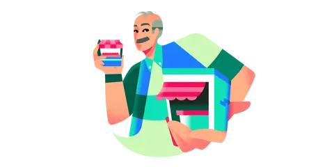 Ilustração de empreendedor segurando seu estabelecimento